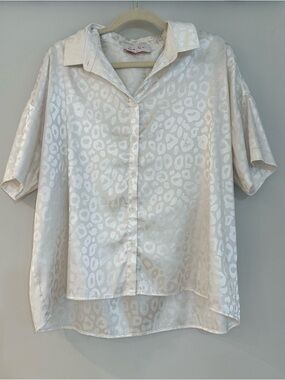 Cream Satin Leopard Button-Down Shirt